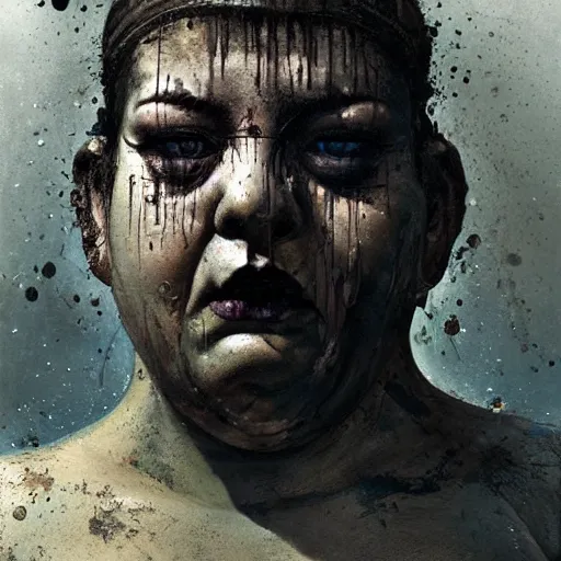 Image similar to portrait of the face of big fat old sumoringer as despair from sandman, venus of willendorf, by jeremy mann, by gregory crewdson, by bastien lecouffe deharme, by russ mills, sad face, topknot, black hair, mourning, black eyes, white room, soft lightning, high detailed, 8 k