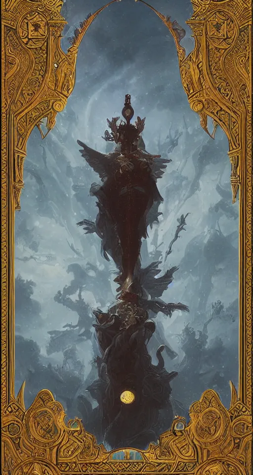 Image similar to Ornate tarot card of the magician, matte painting by Greg Rutkowski