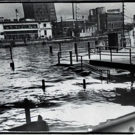 Prompt: a 1940s photograph of a city underwater