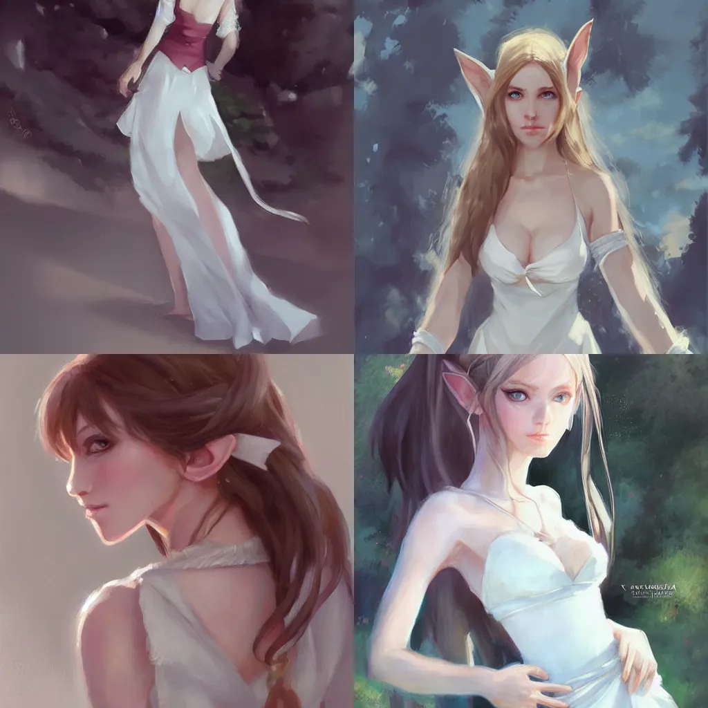 Image similar to beautiful elf girl in white dress, portraiture, by krenz cushart