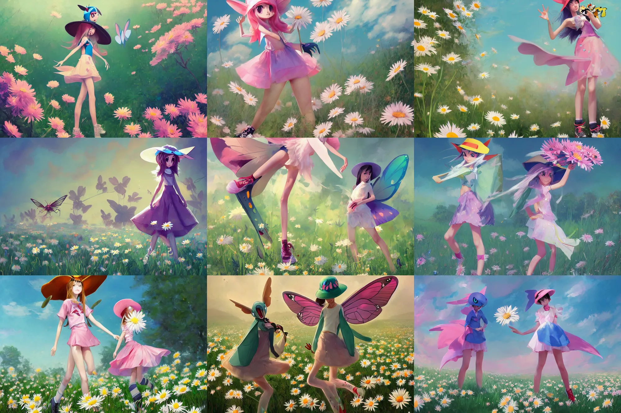 Prompt: anthropomorphic butterfree pokemon girl like a mantis in a floe standing in a field of daisies wearing converse shoes and a beaverskin hat, digital illustration by ruan jia on artstation