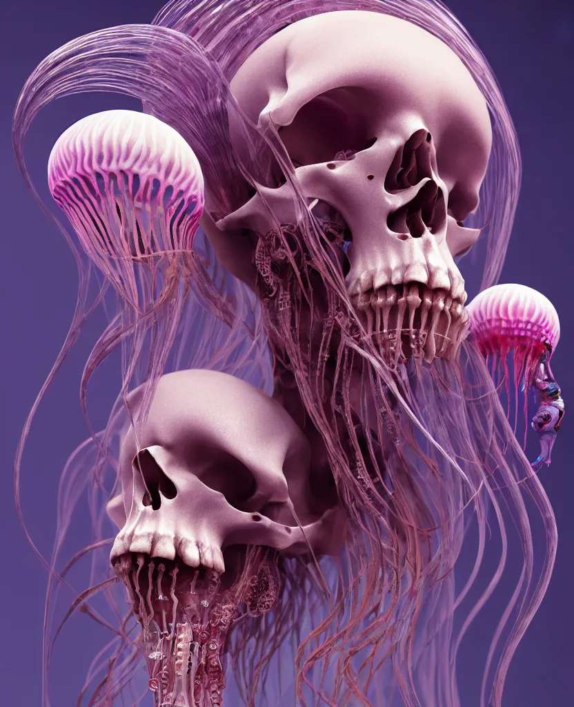 Image similar to goddess close-up portrait human skeleton, ram skull, jellyfish, orchid, betta fish, bioluminiscent, intricate artwork by Tooth Wu and wlop and beeple. octane render, trending on artstation, greg rutkowski very coherent symmetrical artwork. cinematic, hyper realism, high detail, octane render, 8k