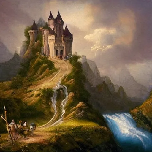 Image similar to romanticism landscape painting portraying a castle built on top of a singular mountain peak with its moat turning into waterfalls,beautiful scenery