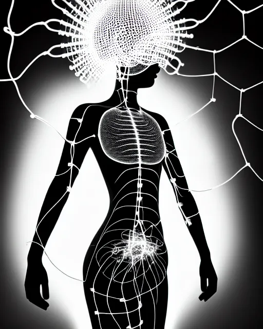 Image similar to black and white spiritual connected young female cyborg - plant goddess high quality photo, microchip, artificial intelligence, bio - mechanical bio - luminescence, black wired cables, neurons, nerve cells, cinematic, rim light, photo - realistic, elegant, high detail, 8 k, masterpiece, high fashion