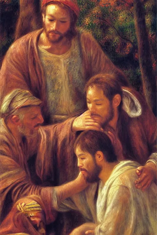 Image similar to christ healing a leper, painting by renoir and young sung kim, masterpiece