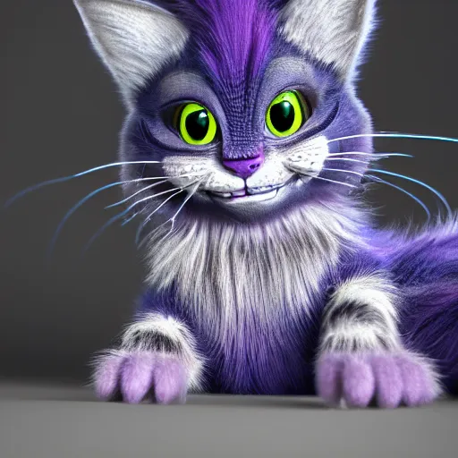 Image similar to full body pose, hyperrealistic photograph of the cheshire cat as a kitten, dim volumetric lighting, 8 k, octane beautifully detailed render, extremely hyper detailed, intricate, epic composition, cinematic lighting, masterpiece, trending on artstation, very very detailed, stunning, hdr, smooth, sharp focus, high resolution, award, winning photo, dslr, 5 0 mm