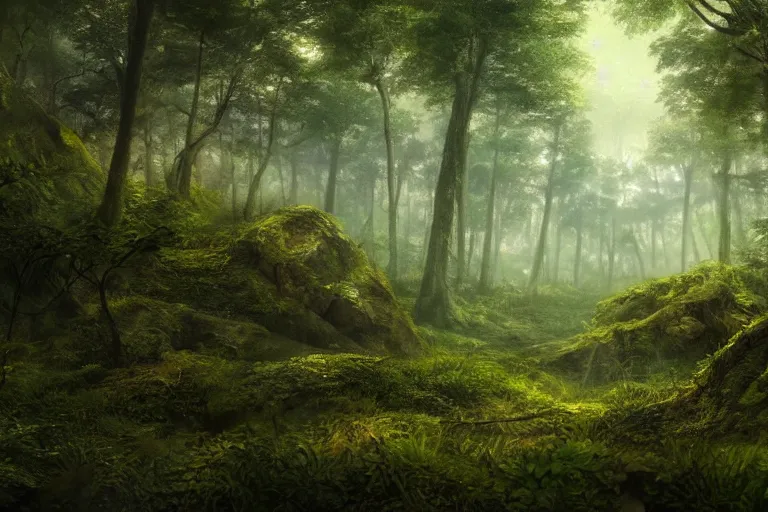 Image similar to a clearing in the forest, sharp focus, matte painting, illustration, concept art, ancient city covered in foliage