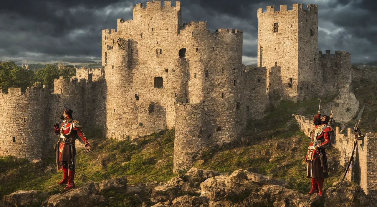 Image similar to a king standing on the castle walls looking at the incoming enemy army, vivid colors, soft lighting, atmospheric, cinematic, moody, 8 k