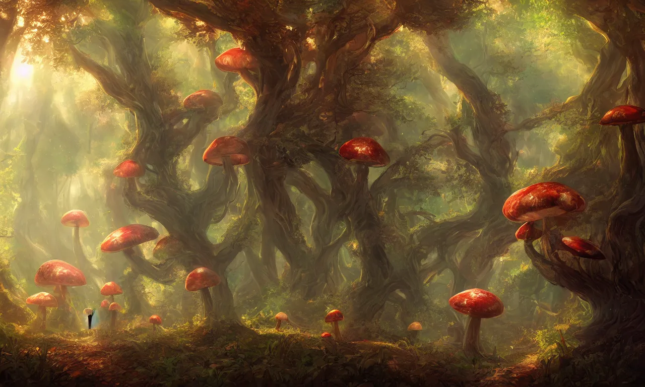 Prompt: Fabulous magic mushroom in the forest, trending on artstation, 30mm, by Noah Bradley