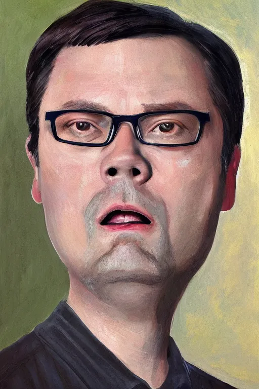 Prompt: portrait painting of dwight schrute from the office and joe lo truglio from brooklyn nine - nine, in the style of felice casorati