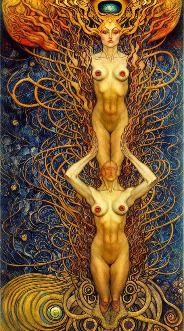 Image similar to Divine Chaos Engine by Karol Bak, Jean Delville, William Blake, Gustav Klimt, and Vincent Van Gogh, symbolist, visionary