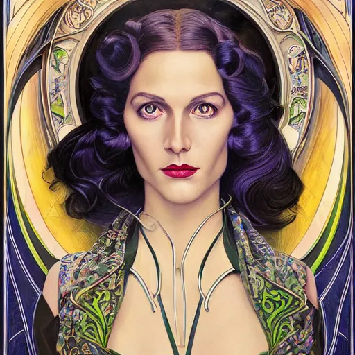 Image similar to an art nouveau, ( streamline moderne ), multi - ethnic portrait in the style of donato giancola and anna dittmann and charles dulac. very large, clear, expressive, and intelligent eyes. symmetrical, centered, ultrasharp focus, dramatic lighting, photorealistic digital matte painting, intricate ultra detailed background.