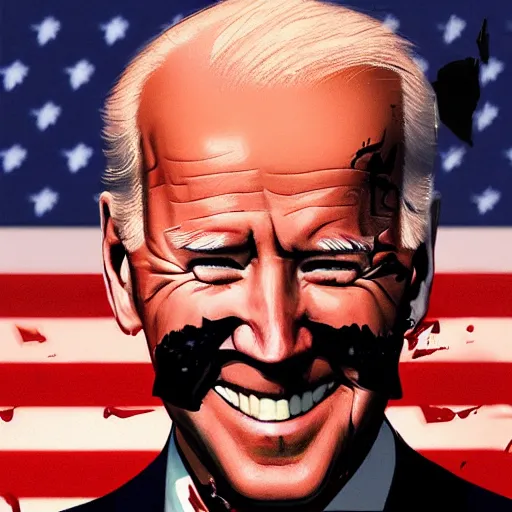 Image similar to joe biden smiling with blood in his face while behind him the world is burning, dramatic lighting, cinematic, establishing shot, extremly high detail, photorealistic, cinematic lighting, artstation, style by James Gurney