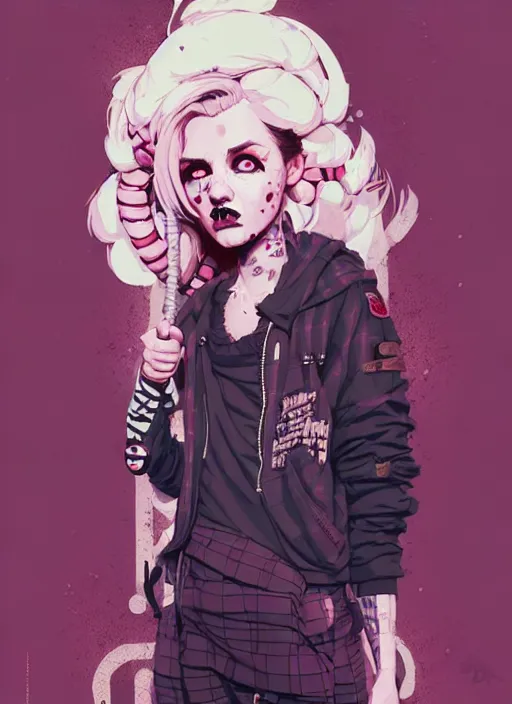 Image similar to highly detailed portrait of a sewer punk lady, tartan hoody, blonde ringlet hair by atey ghailan, by greg rutkowski, by greg tocchini, by james gilleard, by joe fenton, by kaethe butcher, gradient magenta, black, blonde cream and white color scheme, grunge aesthetic!!! ( ( graffiti tag wall background ) )