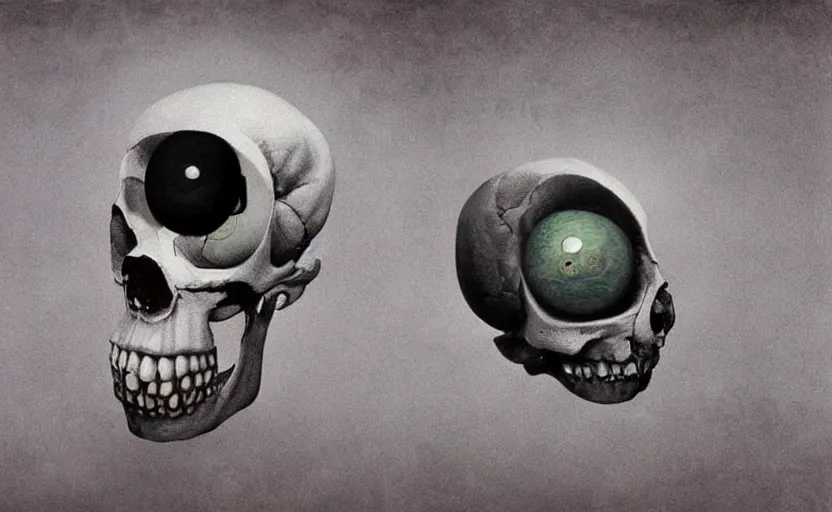 Prompt: a surrealistic painting of a human skull with real eyeballs, in the style of rene magritte and zdzislaw beksinski and mark ryden, digital art, detailed masterpiece