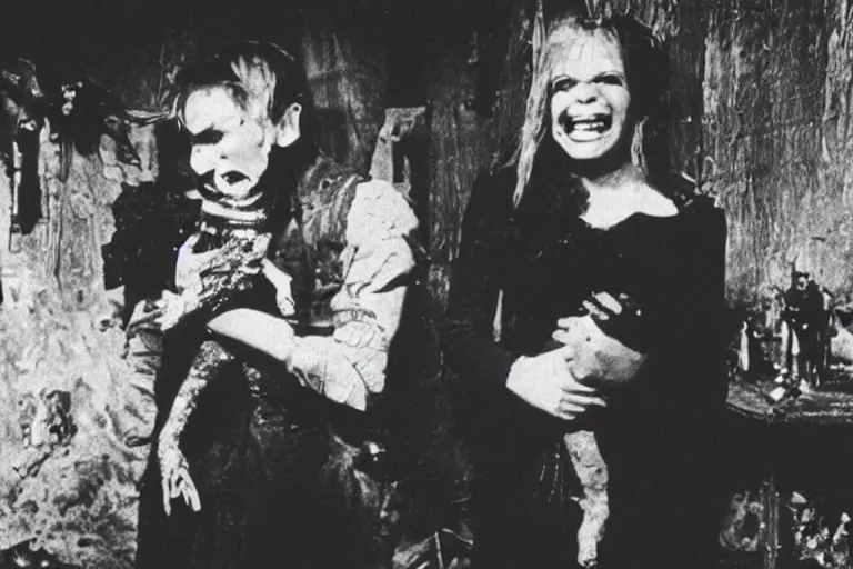Image similar to film still of a scarred horrid vampiric creature with huge fangs clutching a victorian doll in a cluttered ruined barnyard, horror movie, eerie, creepy, grainy, dark, amazing lighting, great cinematography