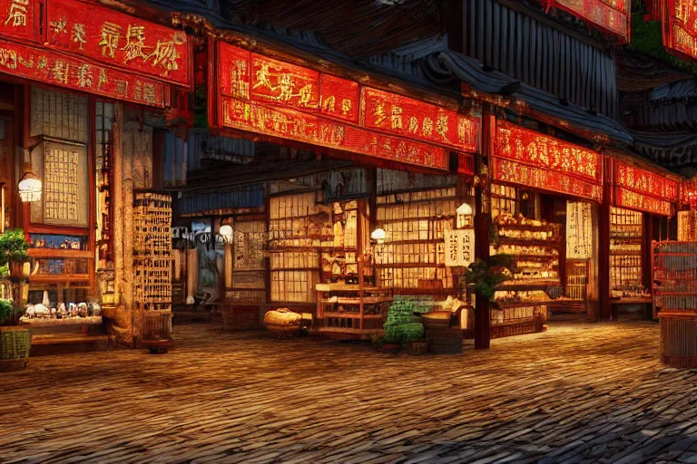 Prompt: Miniature of a rustic chinese street with shops, glowing lamps, 3D render