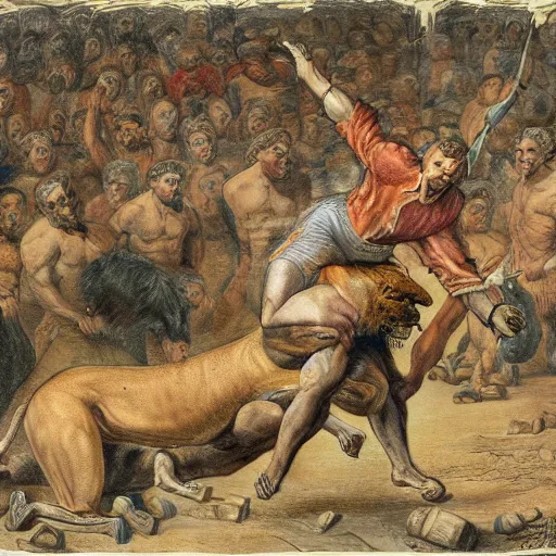 Prompt: highly detailed man wrestling against a lion in the middle of an arena, crowd of people, pencil art, added detail, high definiton, colored, aerial view