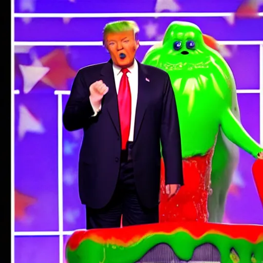 Prompt: donald trump making a speech while being slimed on nickelodeon kids choice awards, green slime, photography, cinematic shot,