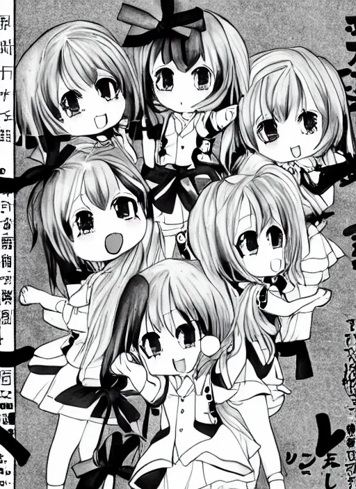 Image similar to manga style, black and white manga, multi - panel kawaii chibi manga, school girl kuudere, by gen urobuchi and yuyuko takemiya, japanese language, aharen - san