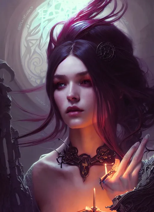 Image similar to Necromancer Sorceress, fantasy magic, undercut hairstyle, dark light night, intricate, elegant, sharp focus, illustration, highly detailed, digital painting, concept art, matte, art by WLOP and Artgerm and Greg Rutkowski and Alphonse Mucha, masterpiece