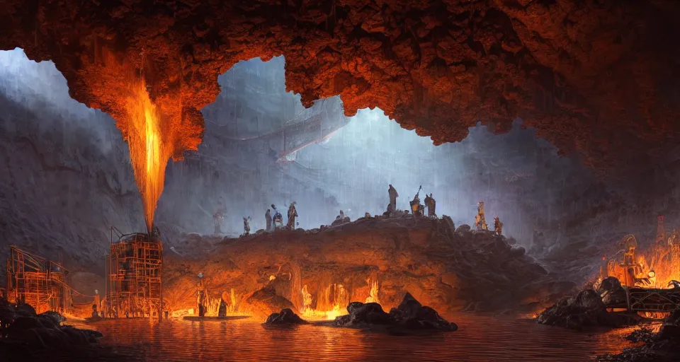 Image similar to a highly detailed digital matte painting of a high-tech smelting pit in a cave, streams of molten iron, workers, by Raphael Lacoste and Stephan Martiniere and Peter Mohrbacher and Robert McCall, volumetric lighting, hyperdetailed, octane render, 8k H- 640