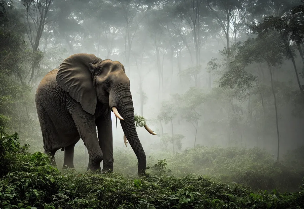 Image similar to an enormous elephant king, in a jungle with ominous light from above, ambient light, fog, river, very poetic