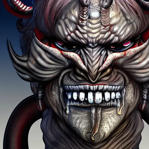 Image similar to an oni with long horns coming out of his forehead, 8K resolution, digital art, eldritch, hyper realistic, intricately detailed, Trending on Artstation