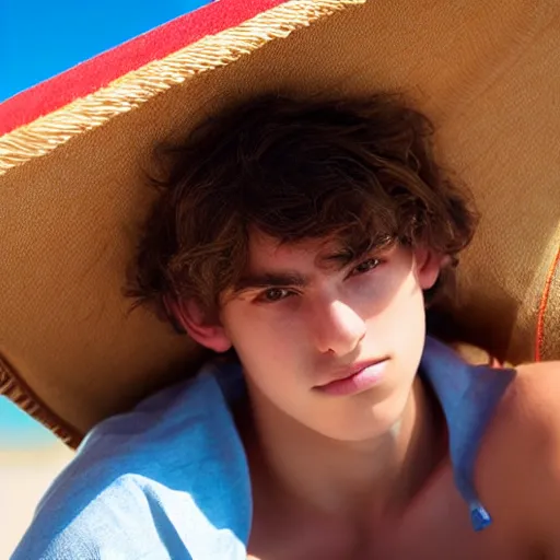 Image similar to portrait of a beautiful teenage boy, around 22 yo, natural brown hair sitting on a deckchair on the beach. Detailed face, blue sky. Award winning photograph.