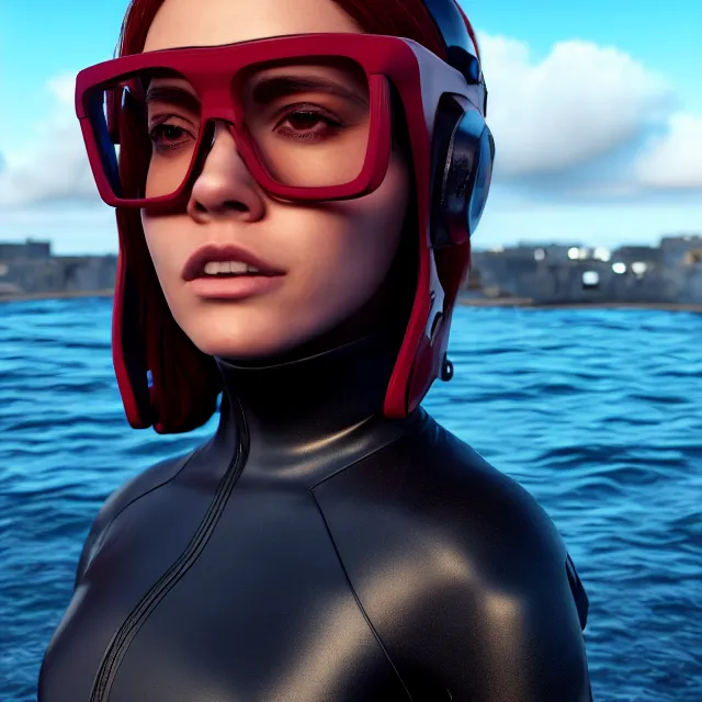 Prompt: full body shot, techwear outfit hero pose of a beautiful red - brow haired girl with very light skin and glasses with ocean in the background, highly detailed, 8 k, hdr, digital art, octane render, neo classical appeal award - winning, trending on artstation, ann stokes