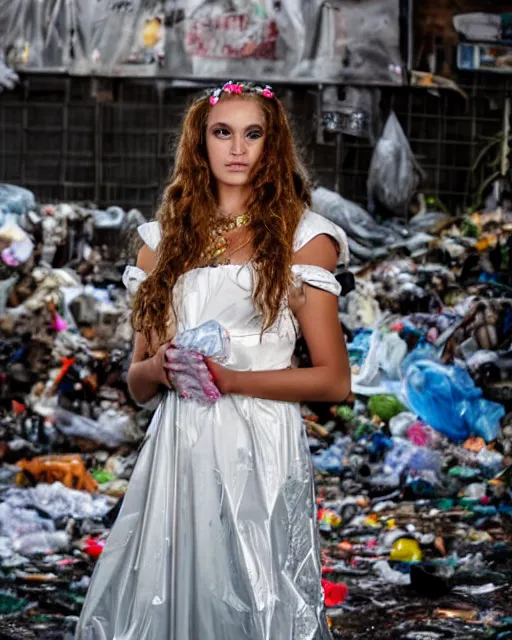 Image similar to a beautiful photo of a Young female with long hair and reflective eyes, Queen of trash wearing a gown made of plastic bags and trash, surrounded by trash all around and in the background, top cinematic lighting , very detailed, shot in canon 50mm f/1.2