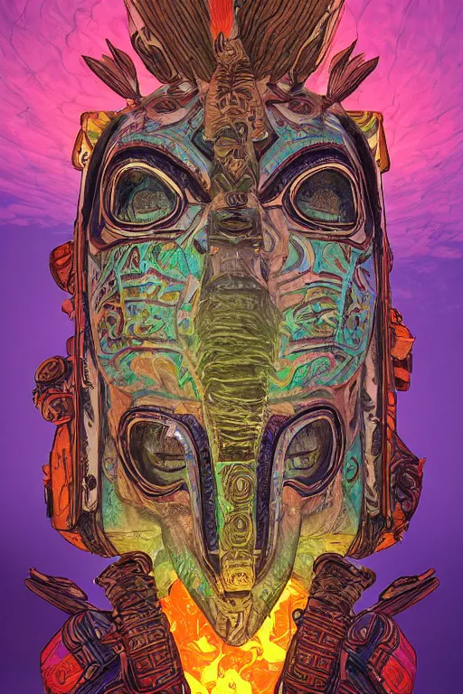 Image similar to totem animal tribal chaman vodoo mask feather gemstone plant global illumination ray tracing hdr that looks like it is from borderlands and by feng zhu and loish and laurie greasley, victo ngai, andreas rocha, john harris radiating a glowing aura