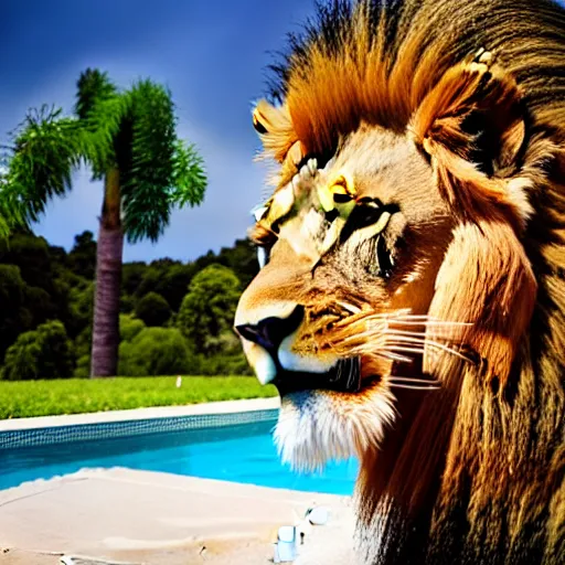 Image similar to a very detailed photo of a lion ( smoking a cigar ) outside the mansion by the pool