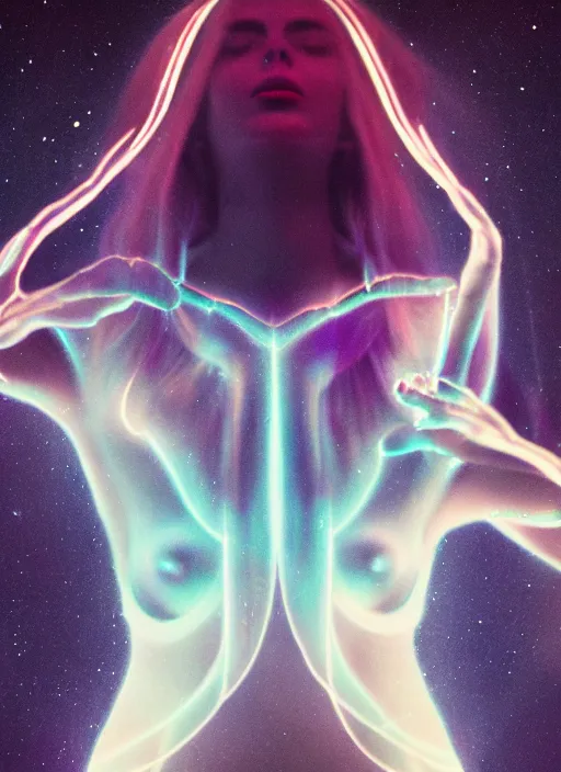 Image similar to a symmetrical female astral projection, liquid glowing aura, out of body experience, film grain, cinematic lighting, experimental film