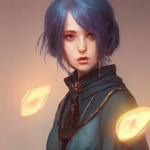 Image similar to character design, beautifull female wizard, fantasy style clothing, anime key visual, official media, illustrated by wlop, extremely detailed, 8 k, trending on artstation, cinematic lighting, beautiful, mist, photorealistic, octane render, unreal engine, hyper detailed, volumetric lighting