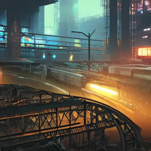 Prompt: Immense industrial futuristic cargo train arrives at cyber punk city station, cinematic lighting,