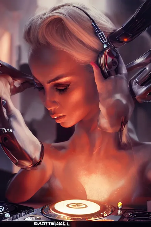 Image similar to a centered photo of the most complicated and technical dj equipment being played by isabelledeltore, powerful, cinematic, beautifully lit, by artgerm, by karol bak, 3 d, perfect face and body, trending on artstation, octane render, 8 k