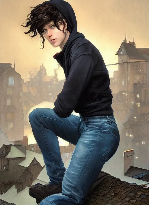 Image similar to handsome young man with short black hair, glowing light blue eyes, pale skin, crouching on the roof of a house, in a neighbourhood, at night, wearing jeans and a black hoodie, realistic painting by ross tran and gerald brom and alphonse mucha, trending on artstation