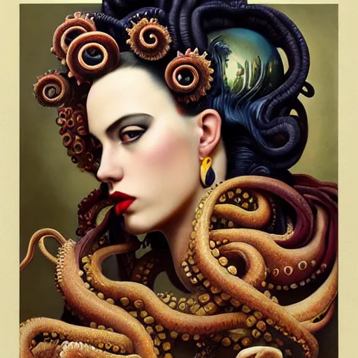 Prompt: dynamic composition, a painting of a man with hair of octopus tentacles and sea weed wearing ornate earrings, a surrealist painting by tom bagshaw and jacek yerga and tamara de lempicka and jesse king, featured on cgsociety, pop surrealism, surrealist, dramatic lighting, magick, pre - raphaelite, ornate gilded details