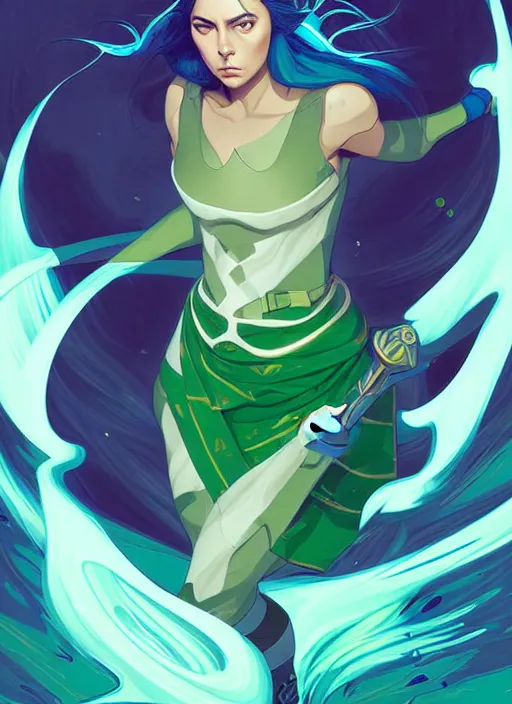 Prompt: style artgerm, joshua middleton, illustration, aubrey plaza as a warrior monk wearing green pelt light armor, blue hair, swirling water cosmos, fantasy, dnd, cinematic lighting