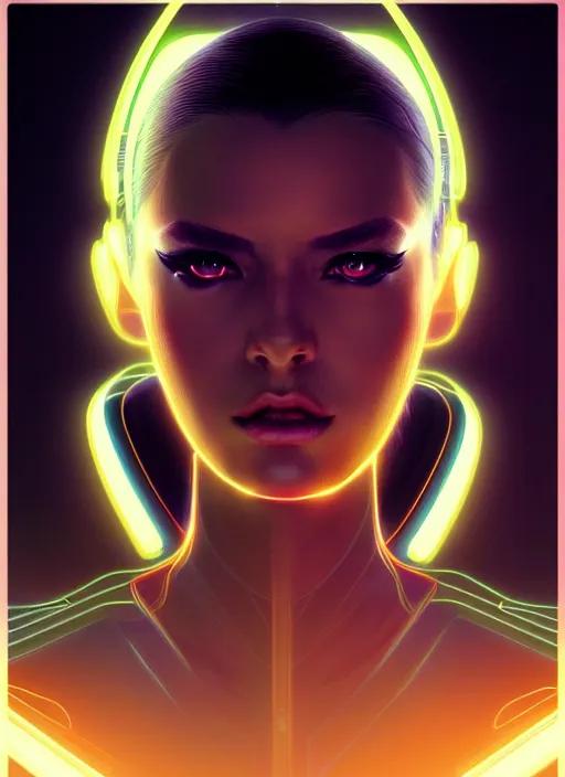 Image similar to portrait of female cyber humanoid, intricate, elegant, cyber neon lights, highly detailed, digital painting, artstation, glamor pose, concept art, smooth, sharp focus, illustration, art by artgerm and greg rutkowski