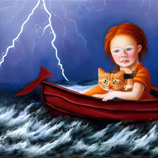 Prompt: oil painting of a young freckled redhead girl holding a kitten in a boat, in rough seas with large waves, dark clouds and lightning, depicted for a children's book