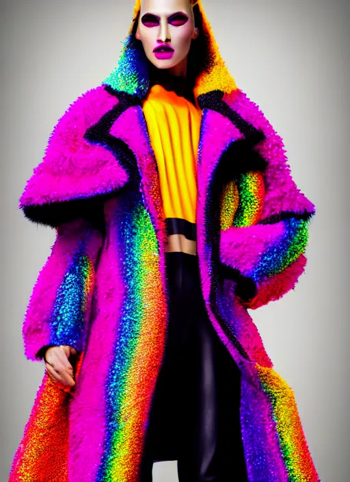 Image similar to coat for a rave, bright colors, many details, prints, photo for a magazine, photo for a store, fashion photography, Vogue, 135 mm, cinematic, hyper realism, high detail, 8k, chrome accents, perfect face