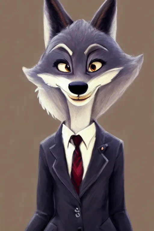 Image similar to oil painting of anthromorphic female wolf, in style of zootopia, female fursona, furry, furaffinity, 4 k, deviantart, furry art, fursona art, wearing black business suit, business suit, wolf fursona, female, very expressive detailed feminine face,