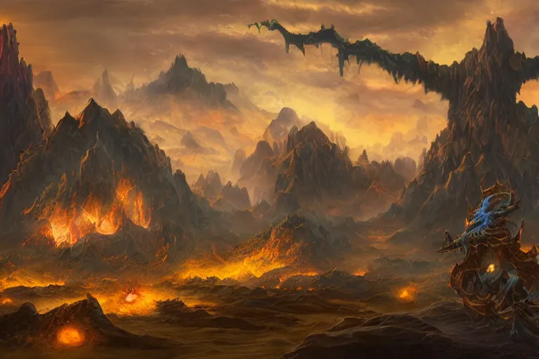 Prompt: A primordial elemental lord being awoken too early by his majordomo, detailed matte painting