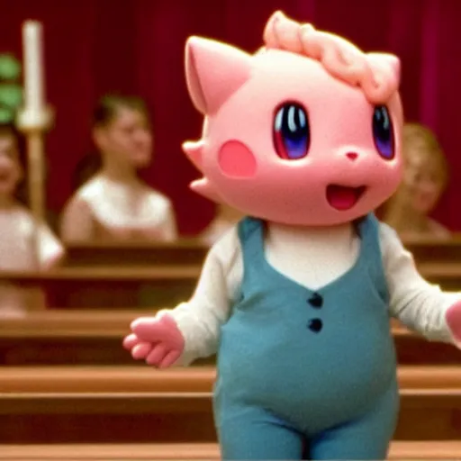 Image similar to film still of jigglypuff singing in a worship choir at a baptist church from the movie pokemon