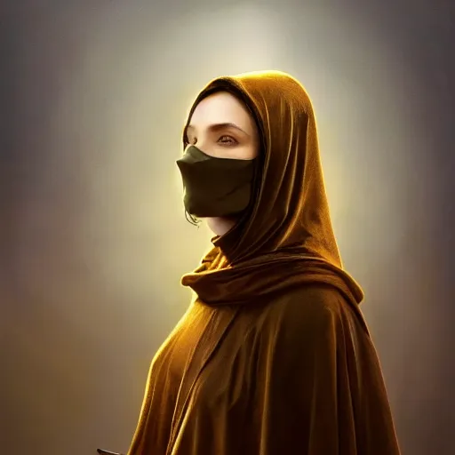 Image similar to a portrait of a young woman wearing a long dark cloak, hood and shadows covering face, holding golden chains, oil painting, matte painting, black background, Volumetric Golden dappled dynamic lighting, Highly Detailed, Cinematic Lighting, Unreal Engine, 8k, HD, by Beksinski