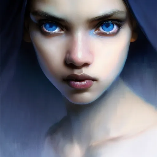 Image similar to a Photorealistic dramatic hyperrealistic bright blue eyes, African American girl, black hair, white veil,by WLOP,Artgerm,Greg Rutkowski,Alphonse Mucha, Beautiful dynamic dramatic dark moody lighting,shadows,cinematic atmosphere,Artstation,concept design art,Octane render,8k, trending on artstation