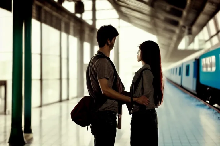 Image similar to vfx movie closeup couple in a train station flat color profile low - key lighting award winning photography cinematography atmospheric cool color - grade