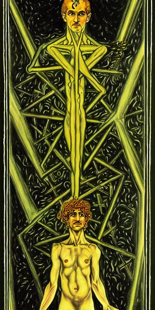 Prompt: a painting of the prince of pentacles tarot card by austin osman spare